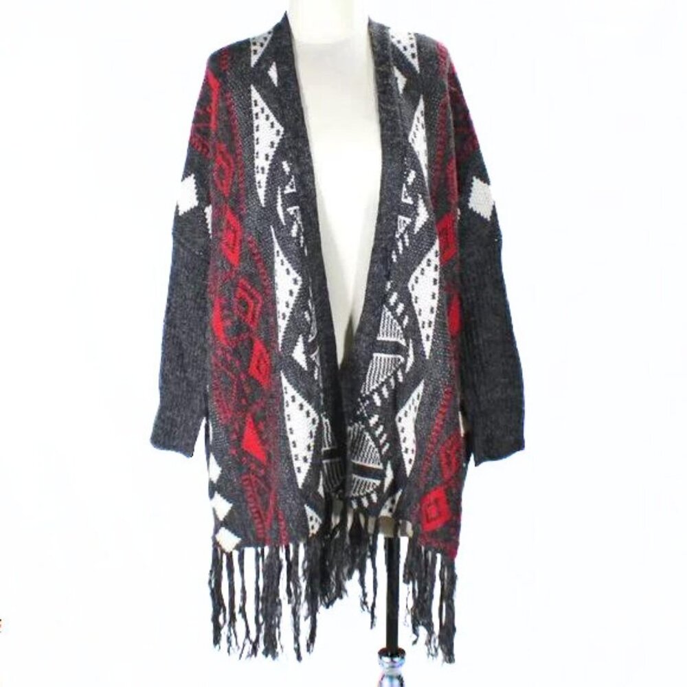 Charlotte Russe NWT Southwestern Thick Knit Open Cardigan Red White Gray